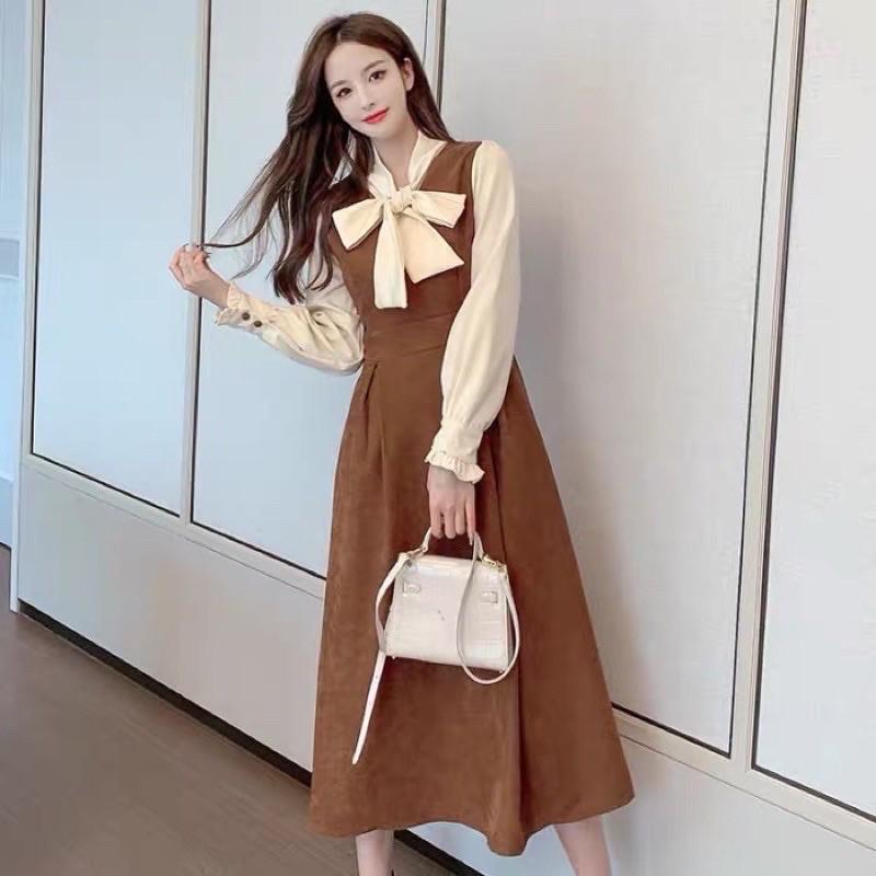 Váy đi tiệc dáng xoè dài tay thắt nơ cổ có khoá kéo chất dạ nhung hàng đổ shop