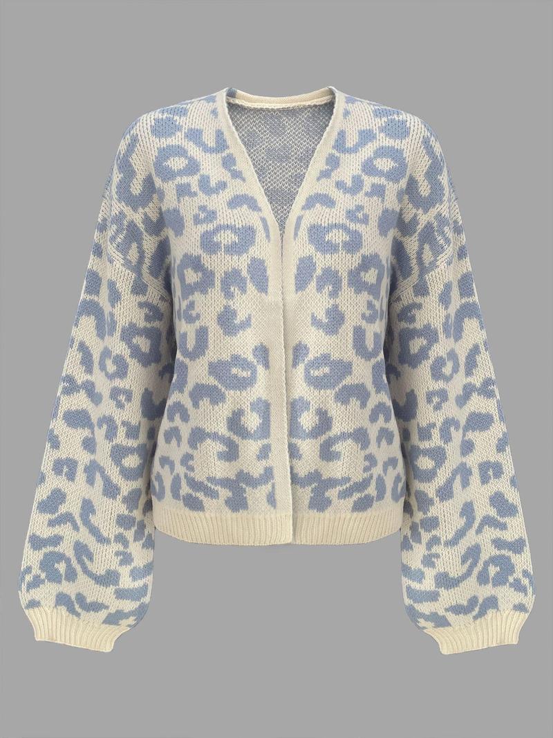 Product Introduction of Women's Colorblock Leopard Drop Shoulder Cardigan, Casual Long Sleeve Open Front Knitwear for Fall & Winter, Fashion Women's Knit Clothing for Daily Wear 9