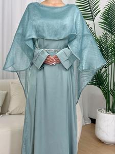Women's 2 in 1 Cloak Sleeve Rhinestone Decor Belted Robe without Hijab, Elegant Long Sleeve Round Neck Long Dress for Party Wedding Guest, Ladies Fall & Winter Clothes