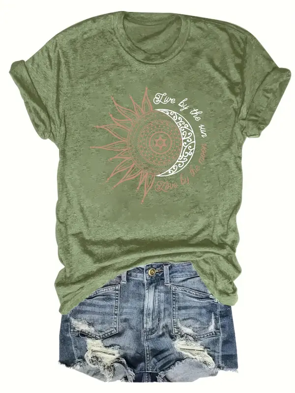 Women's Sun & Moon Print Round Neck Graphic Tee, Summer Clothes Women, Casual Short Sleeve T-Shirt for Summer, Women's Top for Daily Wear 2