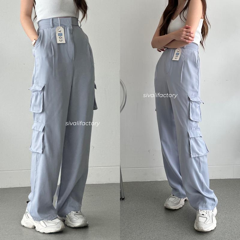 SIVALI Bonnie Cargo Pants - Highwaist Loose Cargo - Celana Kargo Wanita - Baggy Pants Panjang Polyester Kulot Casual Hitam Kantor Kantor Formal Kerja Kerja Kerja Basic Karet 5