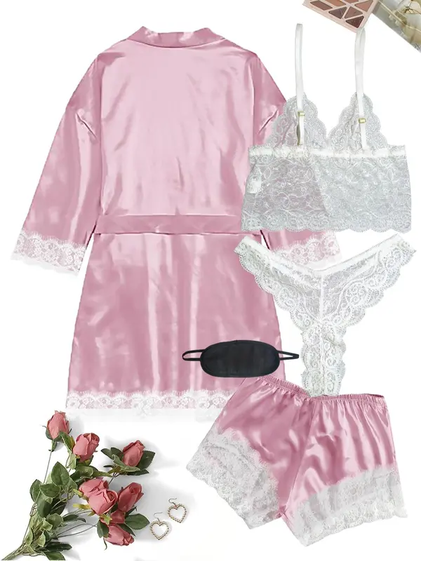 5 Counts Women's Contrast Lace Satin Pyjama Set, Casual Cami Top & Thong & Belted Wrap Lounge Robe & Bow Elastic Waist Shorts & Eye Mask Set, Pajama Sets Women, Lounge Sets, Women's Loungewear Set, Bedroom Pajamas for Married Women, Nightwear 8
