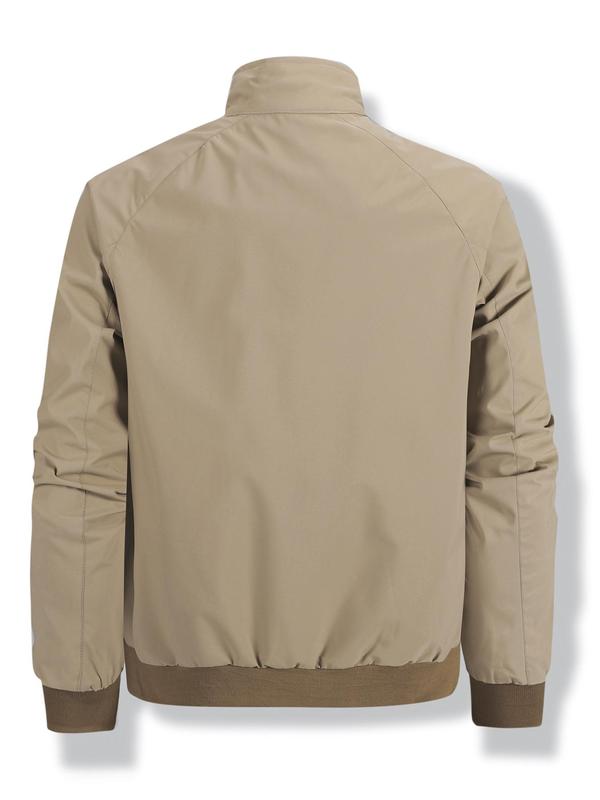 Men's Solid Color Zip Up Jacket, Regular Fit Casual Comfy Stand Collar Outerwear for Spring & Fall, Men's Clothes for Daily Wear 1
