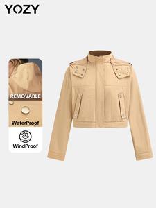 YOZY Women's Solid Button Pocket Zip Up Hooded Jacket, Casual Long Sleeve Waterproof Windproof Outerwear for Spring&Fall, Ladies Clothes for Daily Wear