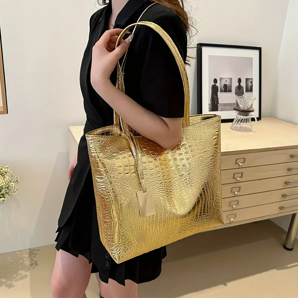 Chic Crocodile-Embossed Tote Bag for Women - Spacious & Lightweight, Faux Leather with Dual Handles, Perfect for Work & Casual Outings - Available in Black, Silvery Gray, Golden