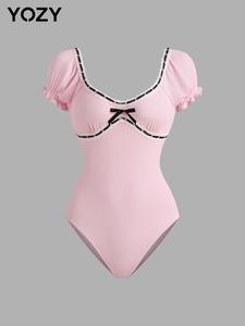 YOZY Women's Contrast Lace Bow Decor Ribbed Bodysuit, Casual Sweetheart Neck Puff Sleeve Bodysuit for Daily Wear, Ladies Clothes for All Seasons