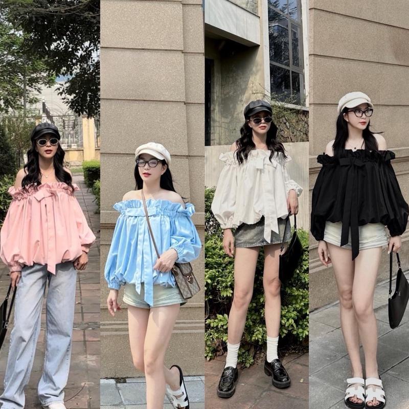Áo sơ mi kiểu bệt vai đính nơ trước ngực gấu phồng tay bo chun freesz dưới 62kgg