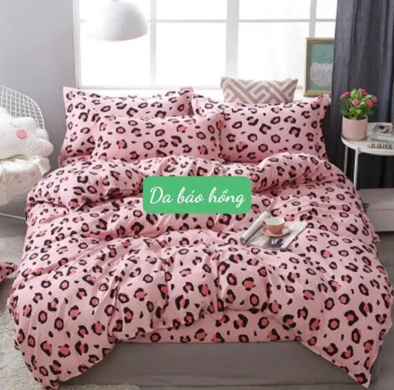 Bộ chăn Ga Gối 3 Món Ga chun Kèm Vỏ Gối nằm Cotton Poly đủ kích thước-Moon beding  mẫu  họa tiết da báo hồng 0