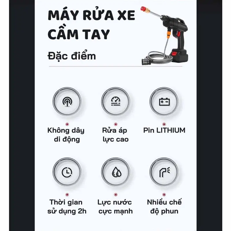 Máy rửa xe cầm tay bằng pin, 2 pin 10 Cell, máy rửa xe dùng cho gia đình có chế độ phun sương tạo bọt tuyết, xịt rửa sân vườn 4