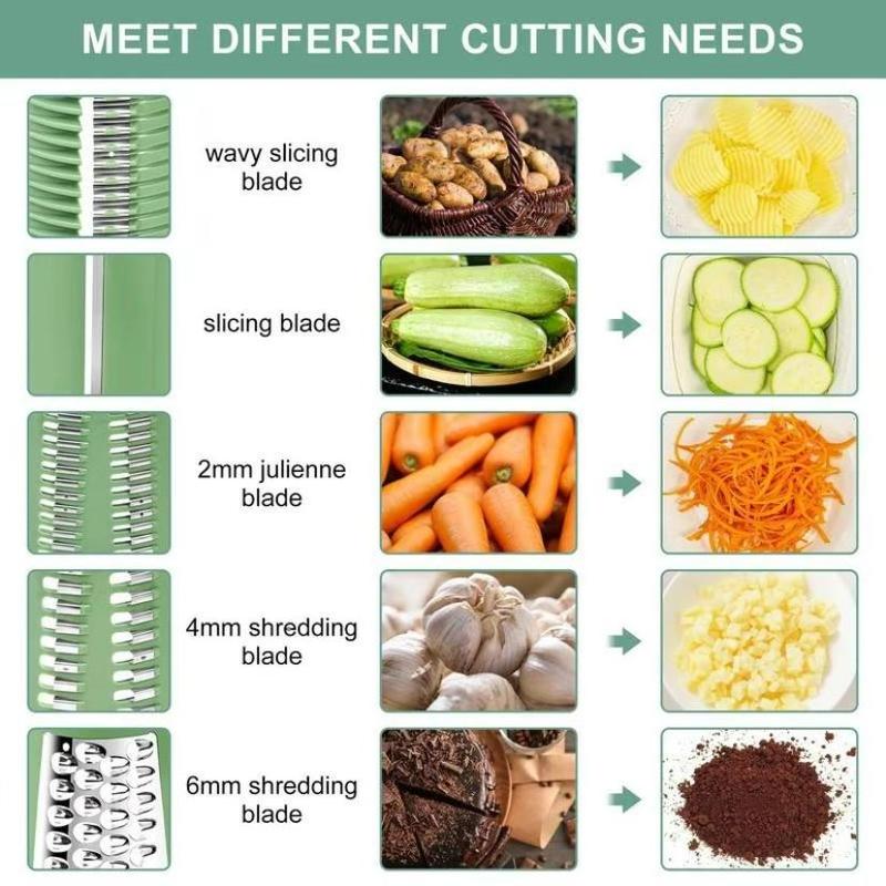 Product Introduction of Manual Rotating Cheese Grater, 1 Count 5 in 1 Replaceable Stainless Steel Blade Vegetable Chopper with Blade Storage Box, Multifunctional Vegetable Slicer for Home Kitchen Dining Room Picnic,  Kitchen Gadgets 6