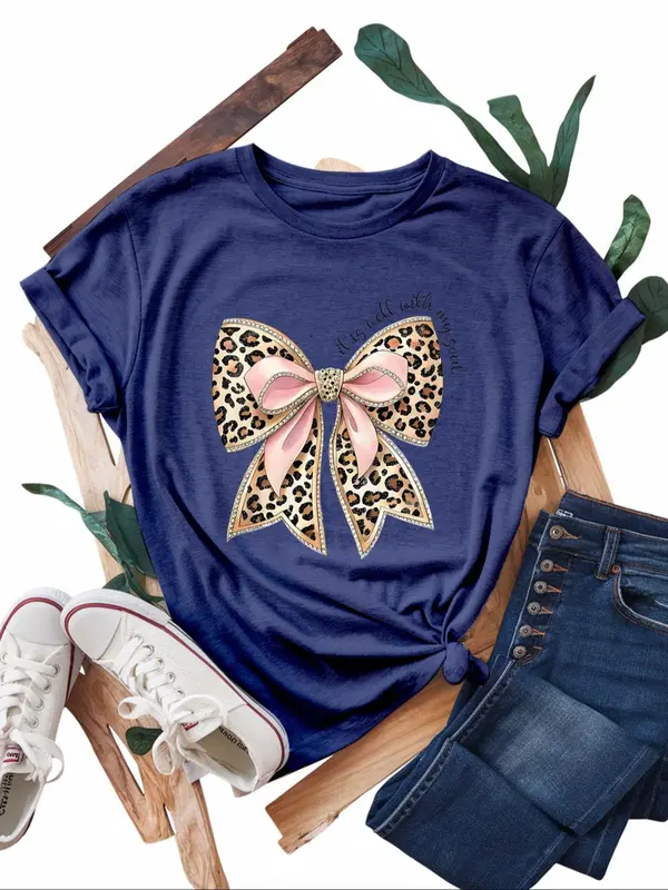 【Plus Size】 Bow Print Round Neck Tee, Fashion Casual Crew Neck Short Sleeve T-shirt for Daily Outdoor Wear, Women Plus Clothing for All Seasons, Top 5