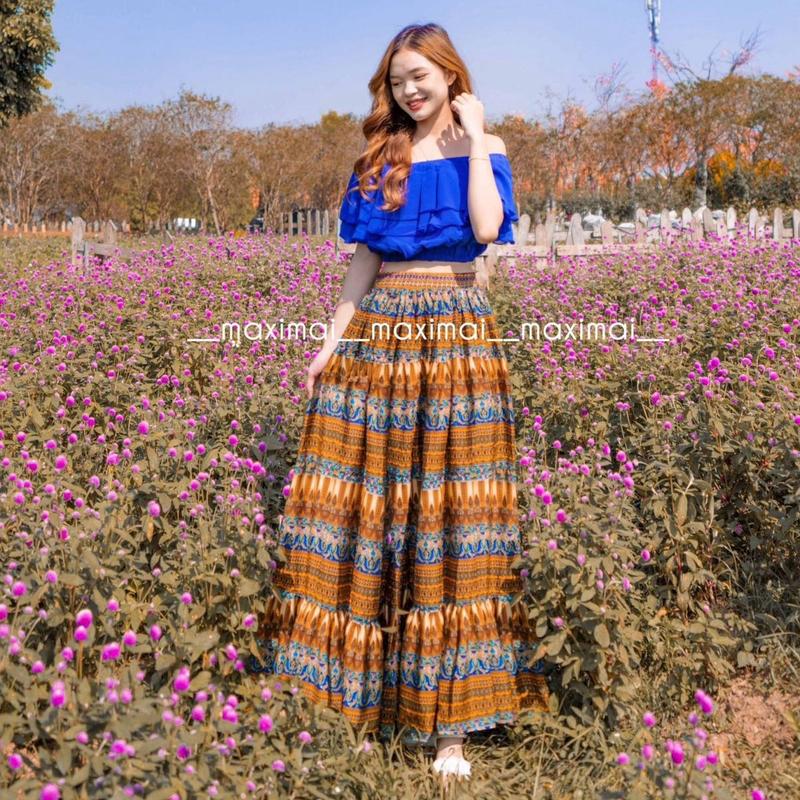 Set áo và chân váy maxi hoạ tiết xanh thổ cẩm nữ