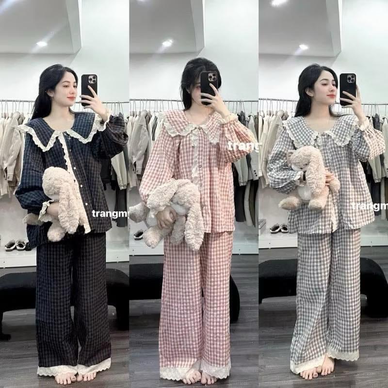  SET BỘ NGỦ DÀI KẺ CARO VIỀN BÈO .Set nữ dài tay thu đông form dày dặn sieu dễ thương Nhung Voi Kaki Kem pizamanu do boxinh 