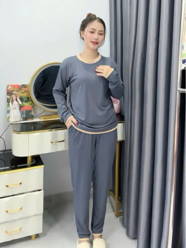 Đồ bộ nữ mặc nhà Quần dáng BAGGY Áo Tay dài form rộng -Mẹ Bầu 7 tháng đổ lại bon chen thoải mái nhé Chất Thun gân tăm nhuyễn Co Giản 2
