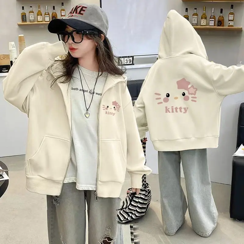 Áo Khoác Nỉ Mèo Kitty, Cho Bé Gái, Chất Liệu Cotton Nguyên Chất, Phong Cách Thu Đông, Phong Cách Mới, Áo Cardigan Trẻ Em Lớn, Có Khóa Kéo, Áo Lông Cừu, Hợp Xu hướng