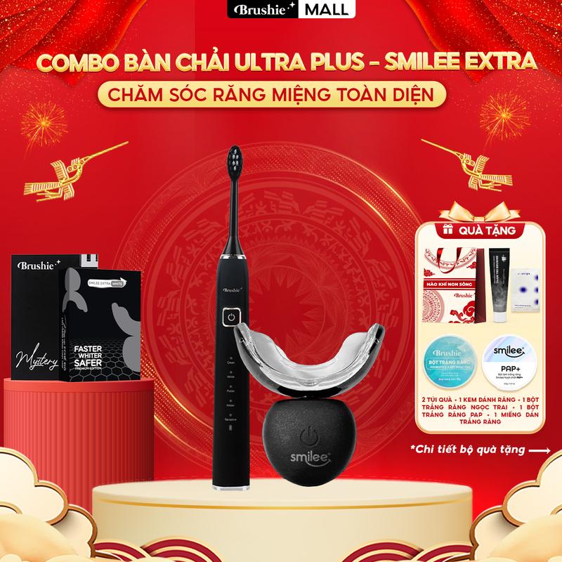 [SIÊU SALE] Combo bàn chải điện Brushie Plus chính hãng tích hợp đầu rửa mặt và Bộ Kit hỗ trợ trắng răng Smilee Extra White an toàn, tiện lợi - TẶNG 2 túi kháng chiến + kem đánh răng + miếng dán trắng răng + bột trắng răng ngọc trai + bột trắng răng PAP