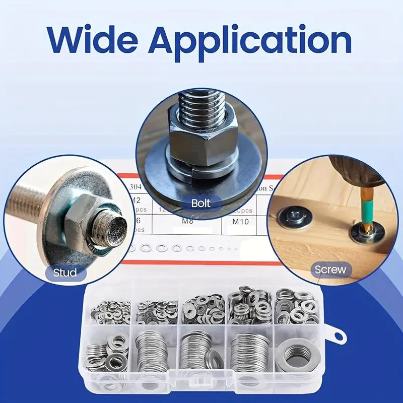 Stainless Steel Washer Set, M2 M2.5 M3 M4 M5 M6 M8 M10 Washer Assortment Kit, Fastener & Hooks for Home, Factory 6
