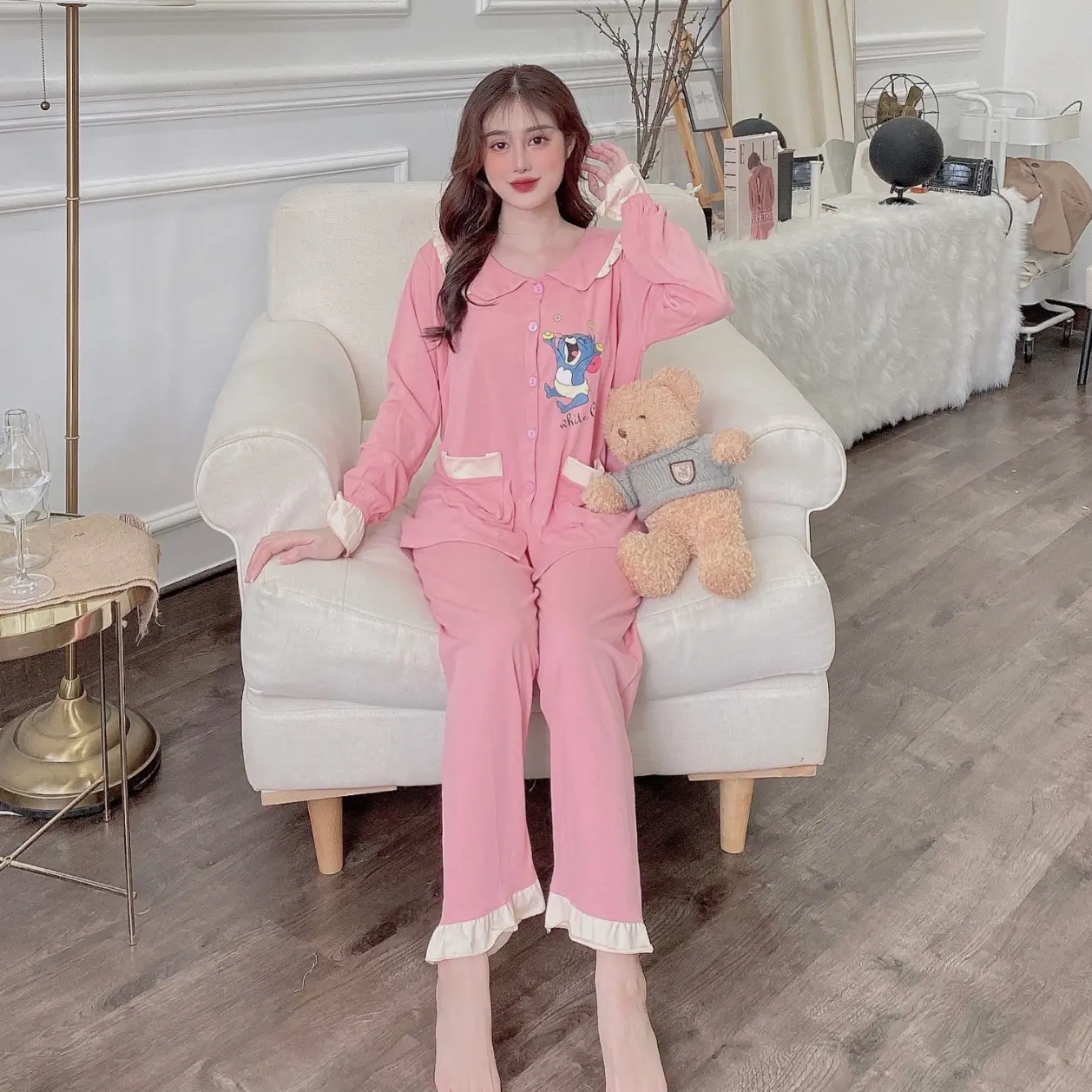 Bộ bầu và sau sinh DUNGDOOP mèo tom dài tay , cổ lá sen tai thỏ có vén mở hai bên cho con bú, đồ bầu mặc nhà cotton mềm MB017
