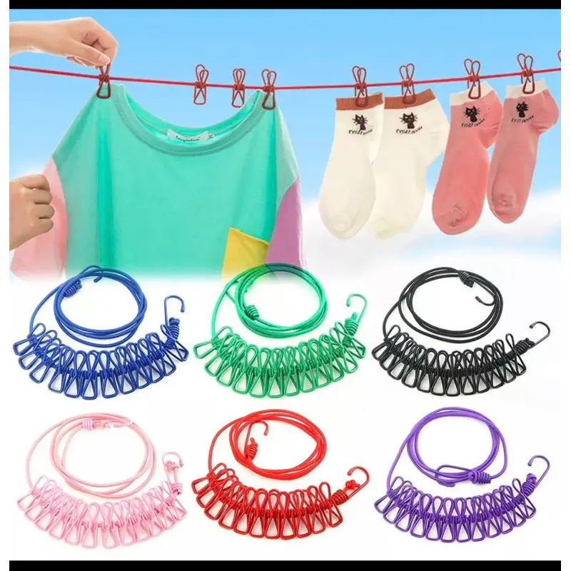 Tali Jemuran Elastis 12 Klip Jepitan / Gantungan Baju  Portable Retractable Clothesline With Clips Laundry Rope 12 Jepit Untuk Travelling Berkemah Praktis Super Kuat