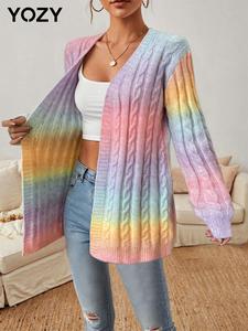 YOZY Women's Ombre Print Drop Shoulder Cable Knit Cardigan, Casual Long Sleeve Open Front Knitwear for Fall & Winter, Fashion Ladies' Knit Clothing for Daily Wear