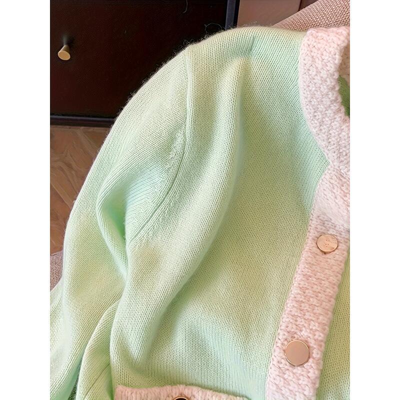Áo Cardigan Dệt Kim, Trang Trí Tương Phản, Nút Phía Trước, Tay Áo Dài, Phong Cách Thường Ngày Thích Hợp Cho Mùa Xuân Và Mùa Thu, Quần Áo Nữ 4