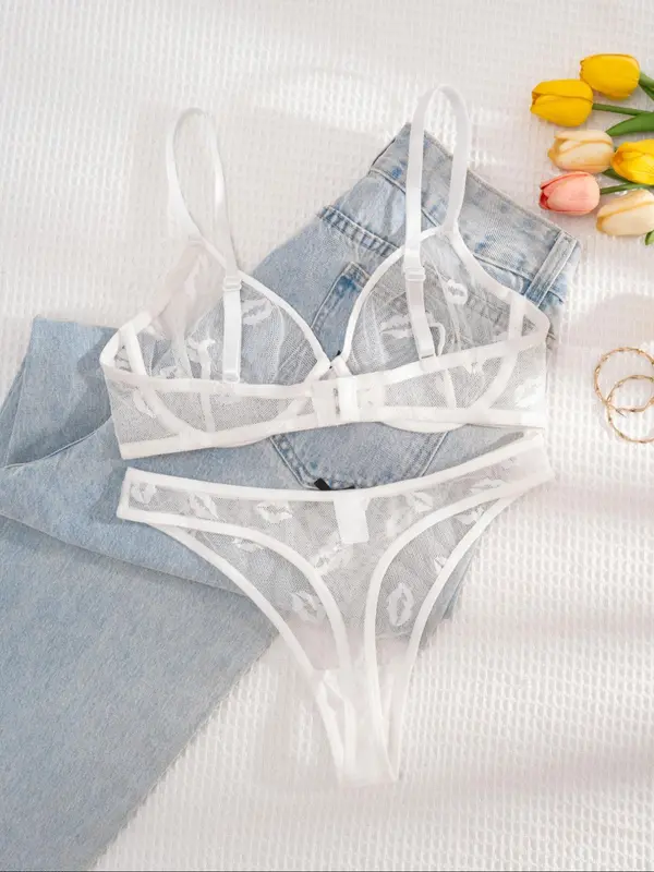 Women's Plain Lip Embroidery Underwire Bra & Panty Two-piece Set, Elegant Comfy Breathable Bra & Panty Set, Lingerie Set for Women 5