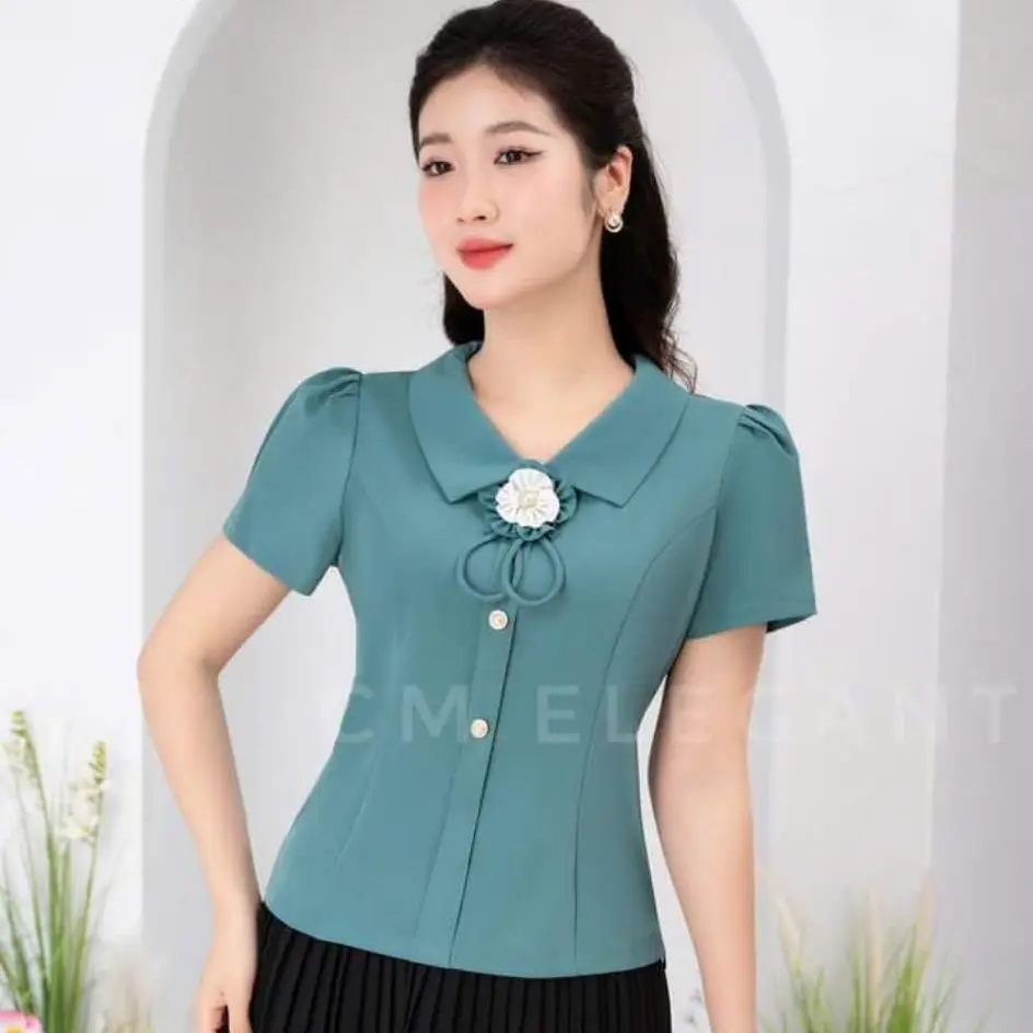 ÁO KIỂU D23 KẾT HOA Ở GIỮ KẾT HỢP MÀU NHÃ NHẶN FROM NGẮN TÔN DÁNG