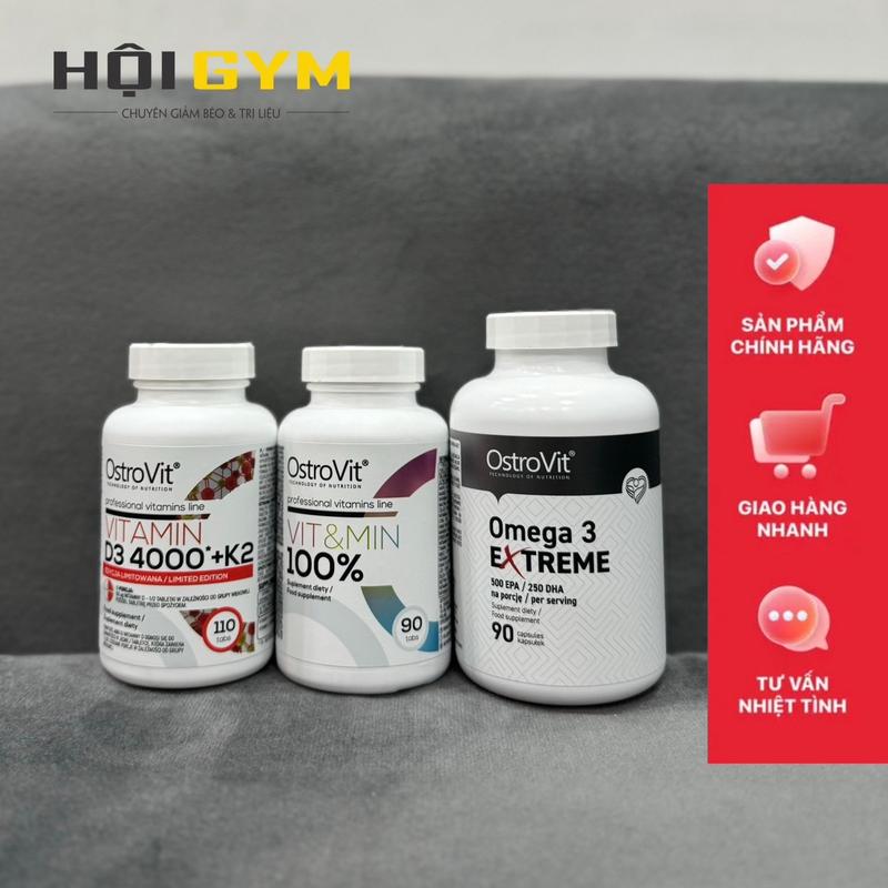 Bộ 3 sản phẩm Vitamin tổng hợp, Omega3 và D3 4000+K2 Ostrovit chính hãng cho Hội Gym