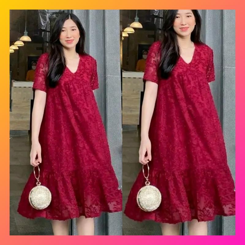 Váy bầu Đầm bầu babydoll dáng xòe tiểu thư thanh lịch nhẹ hàng -Váy nhung cổ nơ bản to Nữ Dress Women Đen Màu Đỏ
