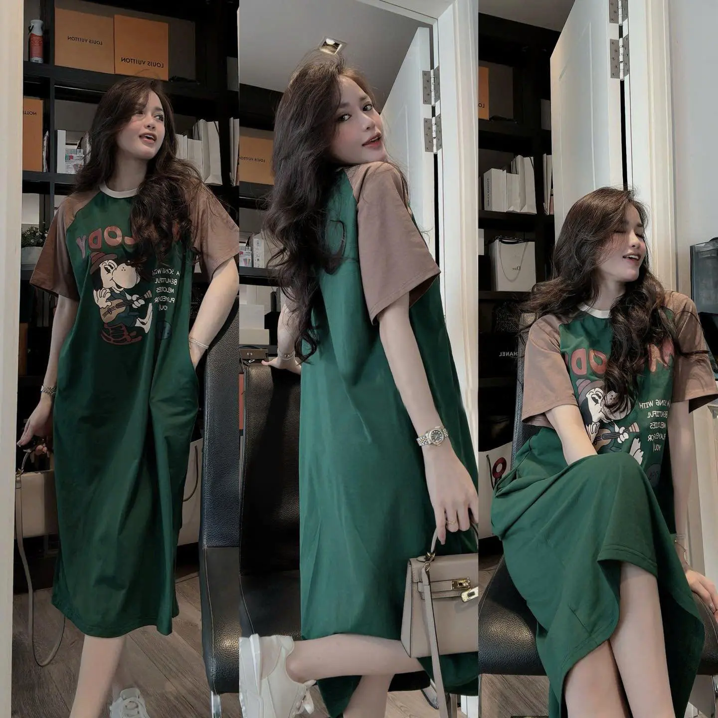 Đầm suông dài , váy suông bầu chất cotton Gemmy Shop in hình Hody