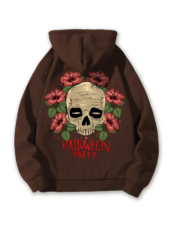Men's Skull & Floral Print Drop Shoulder Thermal Lined Hoodie, Fashion Casual Drawstring Pocket Hooded Sweatshirt for Daily Holiday Outdoor Wear, Men Clothes for Fall & Winter 7