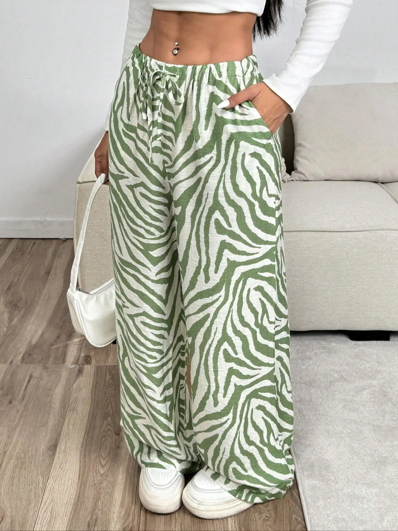 Women's Zebra Stripe Print Pocket Wide Leg Pants, Casual Comfy Trousers for Daily Wear, Ladies Bottoms for All Seasons