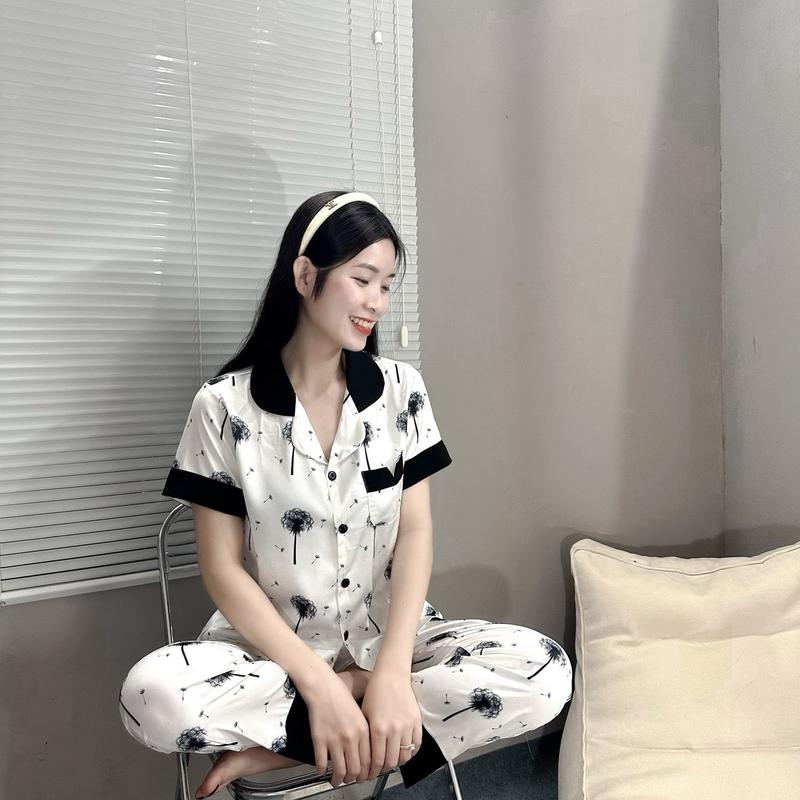 LAC - Bộ ngủ Nữ chất liệu Lụa Satin hoạ tiết Cỏ Bông Lau mã CDST01 Women Áo 6