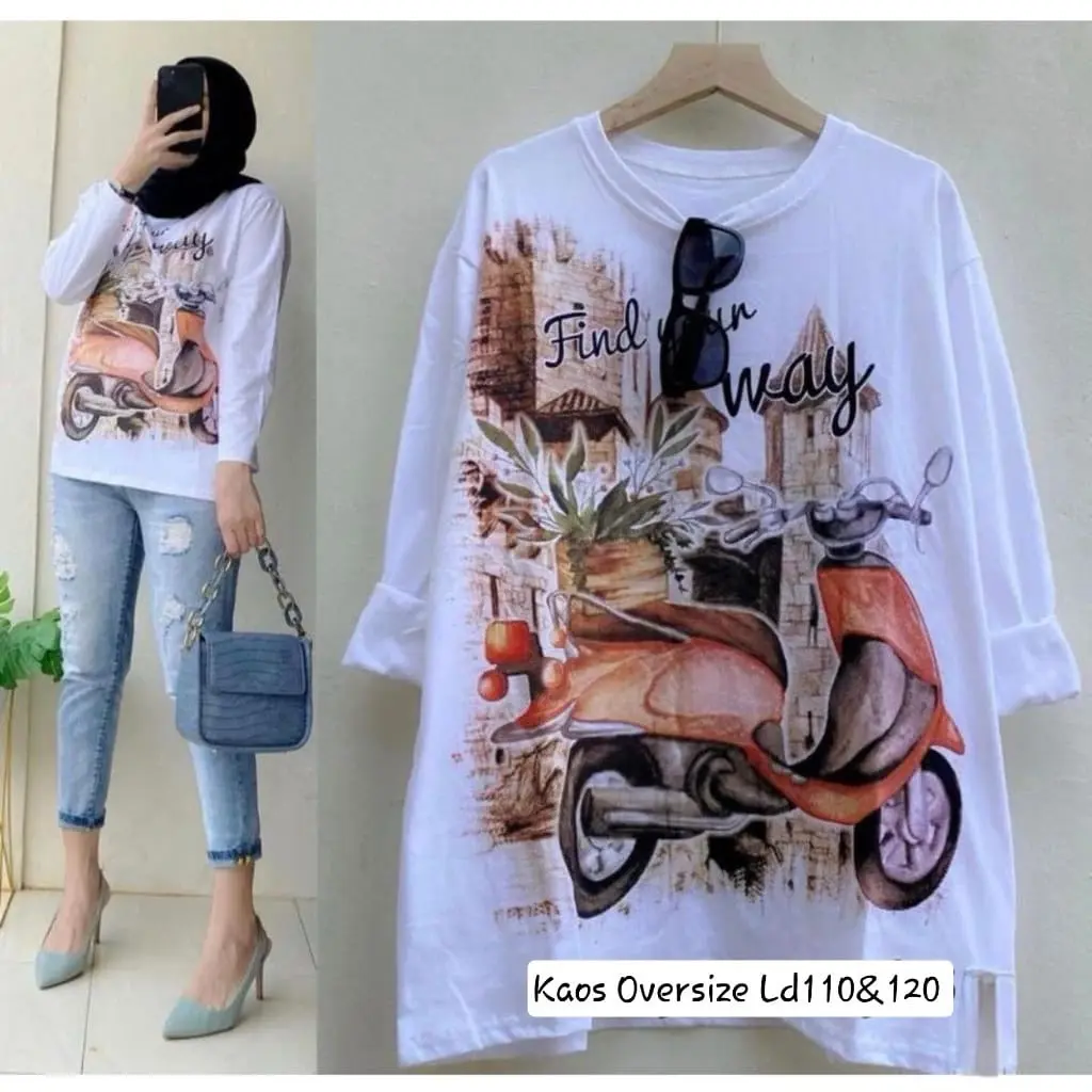 Atasan Oversize Vesfa Kaos Wanita Tshirt Kekinian Lengan Panjang Hijab Muslimah Masa Kini Polos Gambar Cod Nyaman Santai