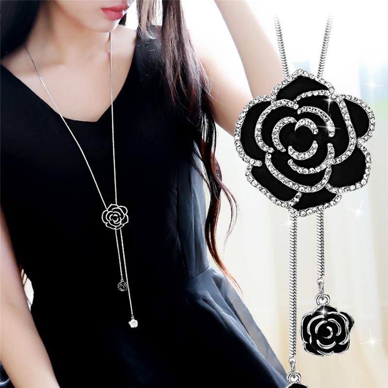 Vòng Cổ Dài Với Mặt Dây Chuyền Hoa Hồng Màu Đen Cho Nữ Dây Chuyền Áo Len Quà Tặng Trang Sức