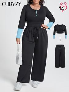 CURVZY Plus Size Two-Piece Set Colorblock Button Tee & Plain Drawstring Waist Pants, Casual Long Sleeve Scoop Neck Top & Trousers for Spring & Fall, Women's Clothes for Daily Wear