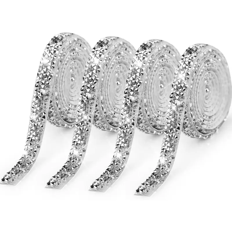 4 Rolls Crystal Resin Rhinestone Ribbons Self-Adhesive Ribbon Roll Glitter Resin Diamond Belt Bling Sparkling Diamond Ribbon Bling Stickers Wrap Crystal Roll for DIY Arts Crafts(Silver, 10mm) 0