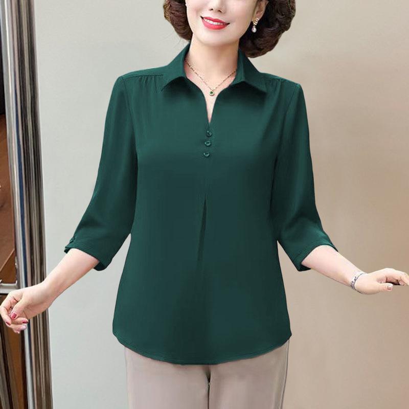 Bqudyzy-Áo Mùa Hè Cho Mẹ, Cổ Áo Rẽ Xuống, Nút Màu Trơn, Tay Áo Ba Phần Tư, Áo Chui Đầu, Quần Phù Hợp, Áo Phông Trung Niên Thường Ngày Cộng Với Kích Thướ, Quần Áo Mùa Xuân Cho Nữ 1