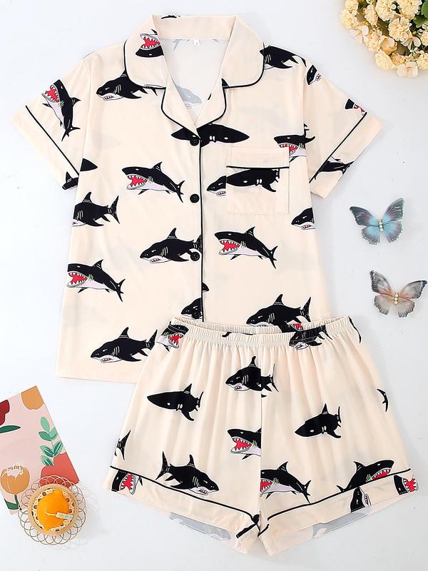 Women's All Over Print Crop Shirt & Shorts Pyjama Two-piece Set, Casual Comfy Short Sleeve Top & Shorts PJ Set, Ladies Sleepwear for All Seasons 4