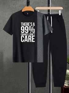 Two-Piece Set Men's Letter Print Pocket Sweatpants Set, Casual T-shirt & Drawstring Jogger Pants for Gym Workout Running Daily Wear, Men Two-piece Outfits, Summer Clothes