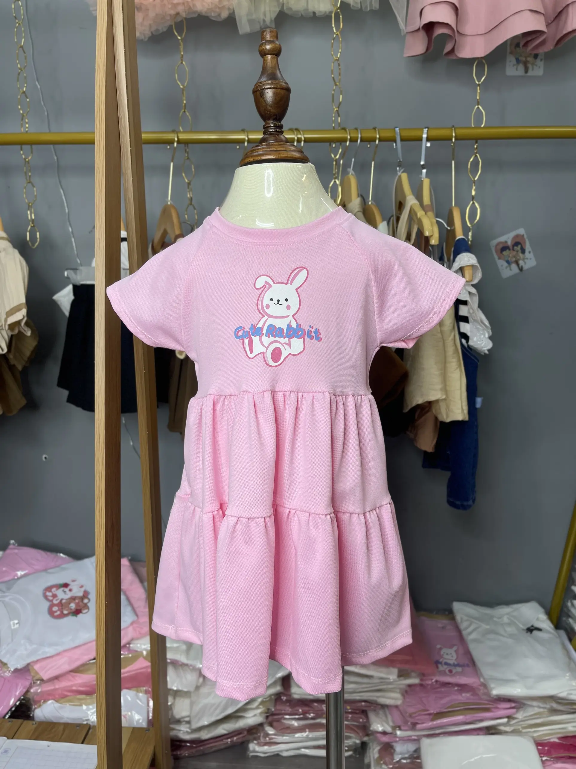 Váy poli cộc tay cho bé gái ba màu . hồng , tím, trắng