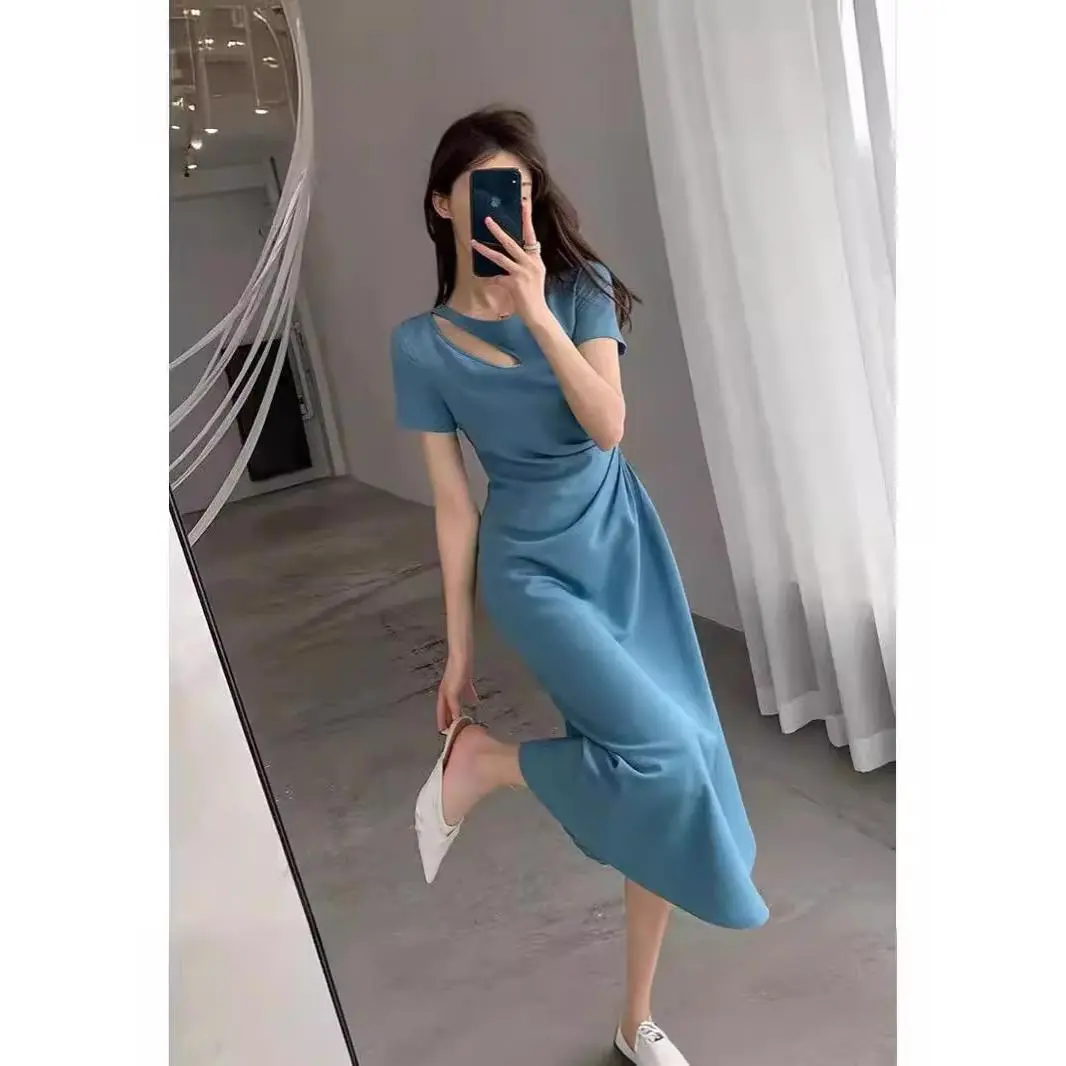 round neck short sleeved black dress for women,Korean style fashion wrinkled Retract your waist temperament casual  mid length skirt