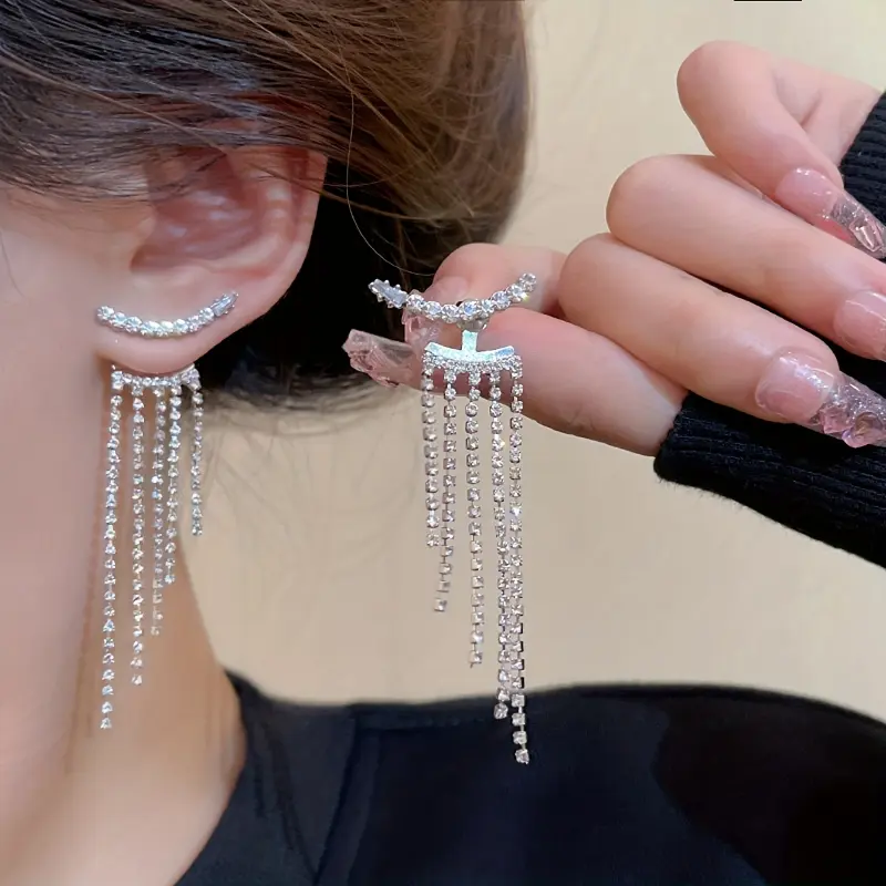 Silvery Chain Tassel With Sparkling Zirconia Inlaid Dangle Earrings Elegant Luxury Style Copper Silver Plated Jewelry Banquet Ear Ornaments 5