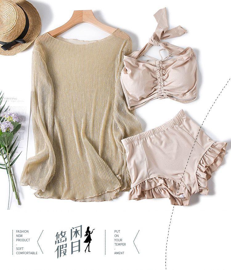 Product Introduction of Women's Swimsuit 2025 New Korean Ins Sexy Three-Piece Set Tummy Control Slimming Gathered Conservative Fairy Style Swimwear 17