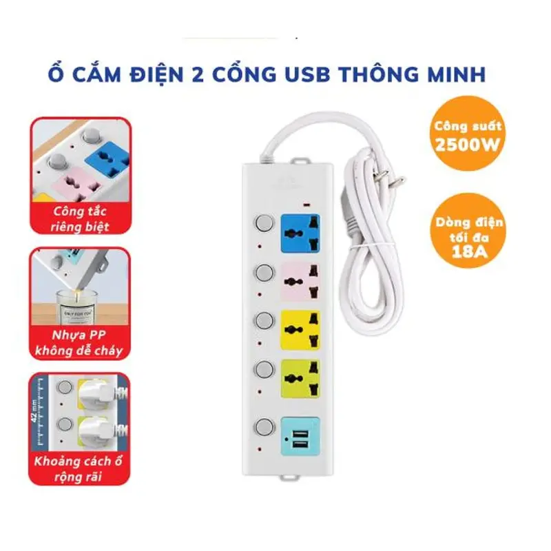 Ổ Cắm Điện USB Đa Năng Cao Cấp OCD01 Chống Giật Dây Dài, 2 Cổng Cắm USB với 4 ổ cắm Có Chốt An Toàn Tiện Dụng 0