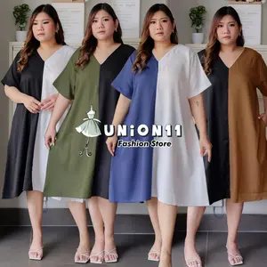 Union11 - Dress Wanita Jumbo Xxxxl / Gaun Casual Big Size Ld 130 CM Muat Sampai Bb 95 Kg / Baju Midi Kombi Axio