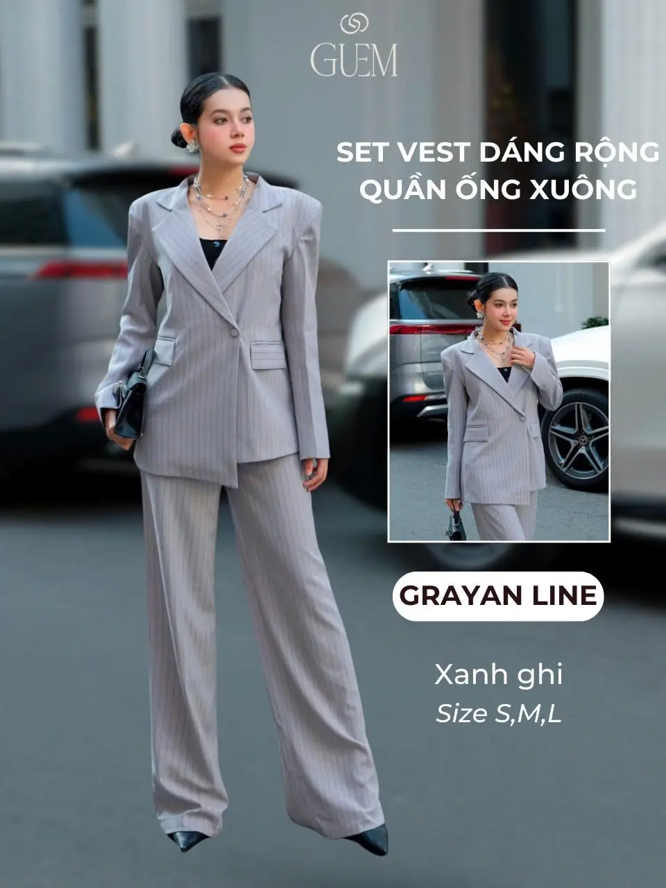 Set Grayan Line áo vest lệch tà + quần suông hoạ tiết kẻ sọc thiết kế GUEM