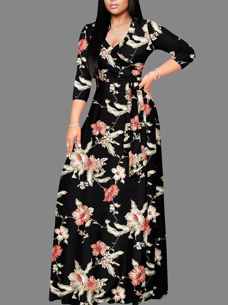 Product Introduction of Women's Floral Print Belted V Neck Dress, Elegant Dress for Party Holiday Wedding Guest, Ladies Clothes for All Seasons 1
