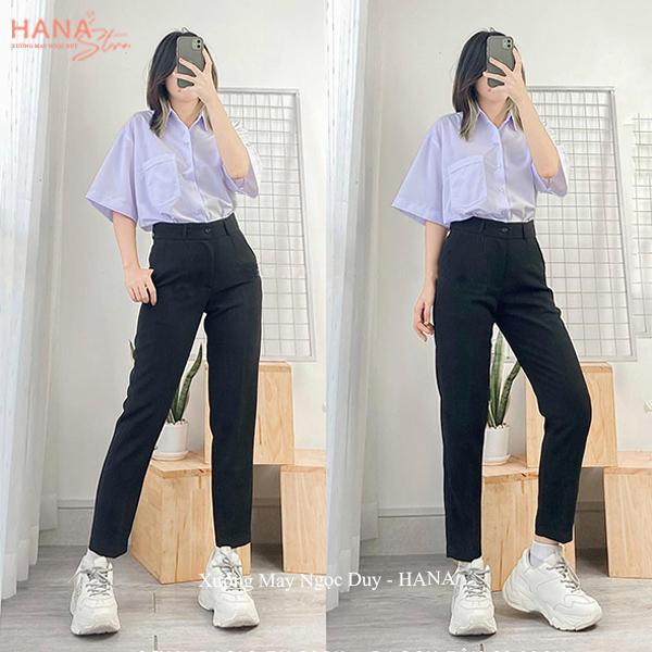 Quần tây baggy đi học nữ cạp lưng cao có đỉa màu xanh đen - Quần vải nữ đi học sinh dày đáy cao nữ cấp 3 2 mặc sơ mi đẹp