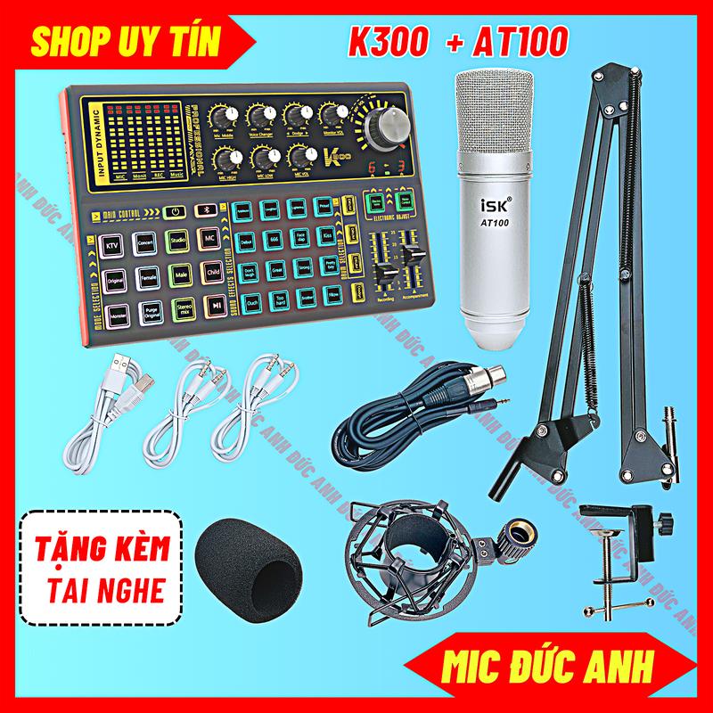 Bộ Mic Thu Âm AT100 Mic Livestream Màu Bạc Và Sound Card K300 Bluetooth Có Hiệu Ứng Tiếng Cười Vỗ Tay Giả Giọng